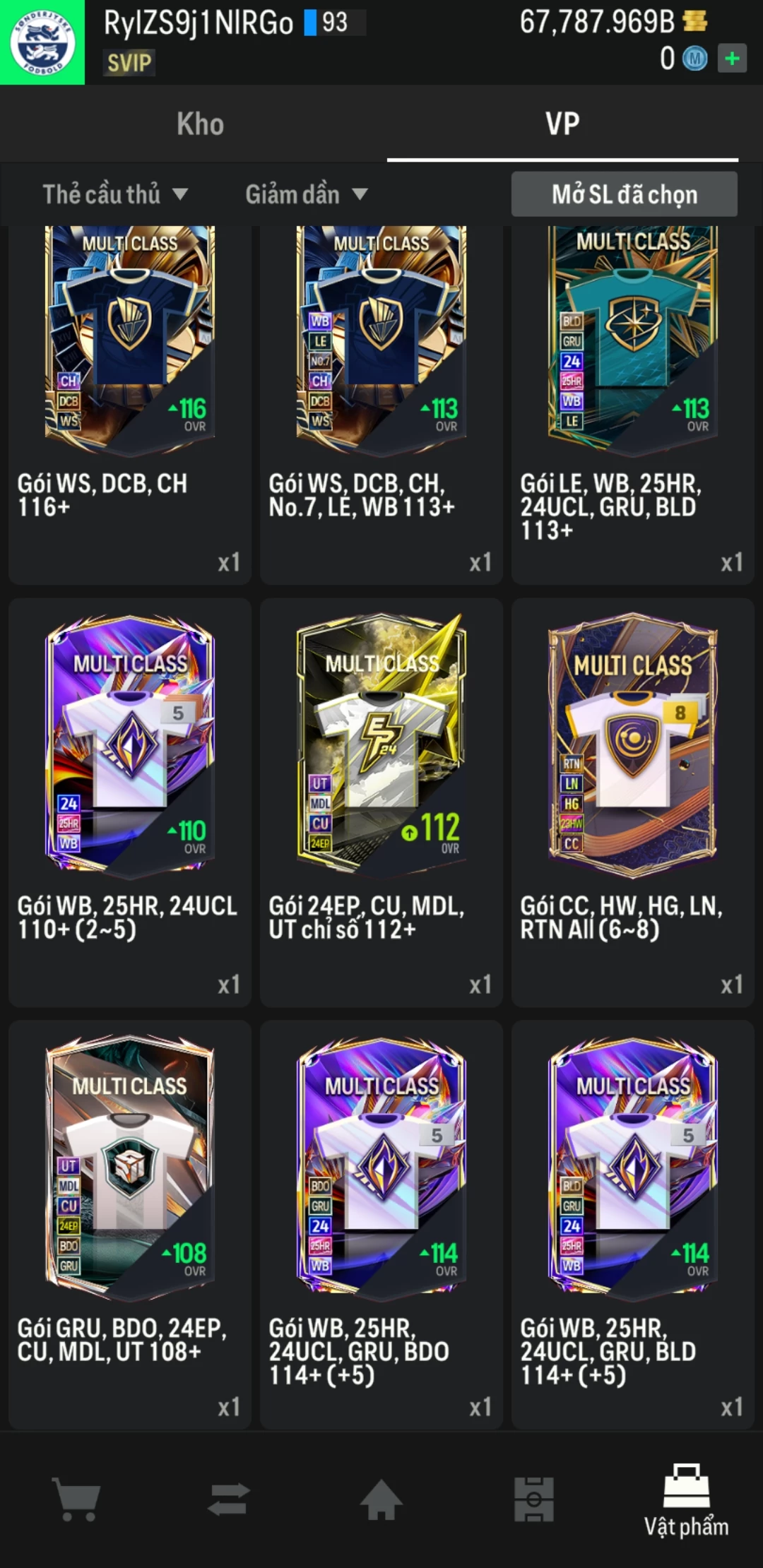 Ảnh ACC mở thẻ (LOẠI SVIP PROMAX) bao gồm 1 gói thẻ +12, thẻ PRIME và 1000+ thẻ cầu thủ từ Siêu sao đến Miền núi các loại. Có sẵn BP trắng trong acc từ 57.000 tỷ BP đến 67.000 tỷ BP, kèm theo nhiều ngày SVIP